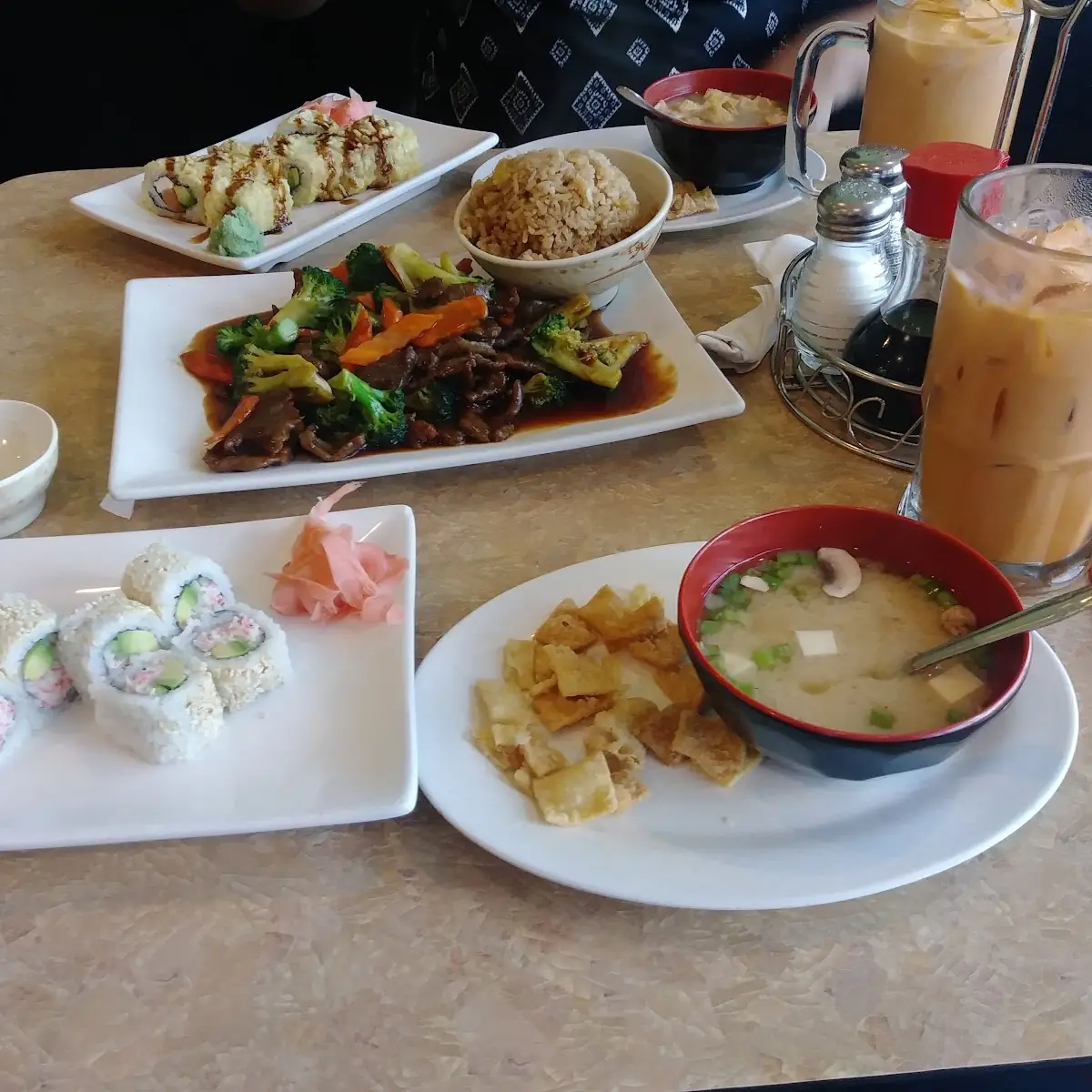 Broccoli Beef Miso Soup Thai Iced Tea