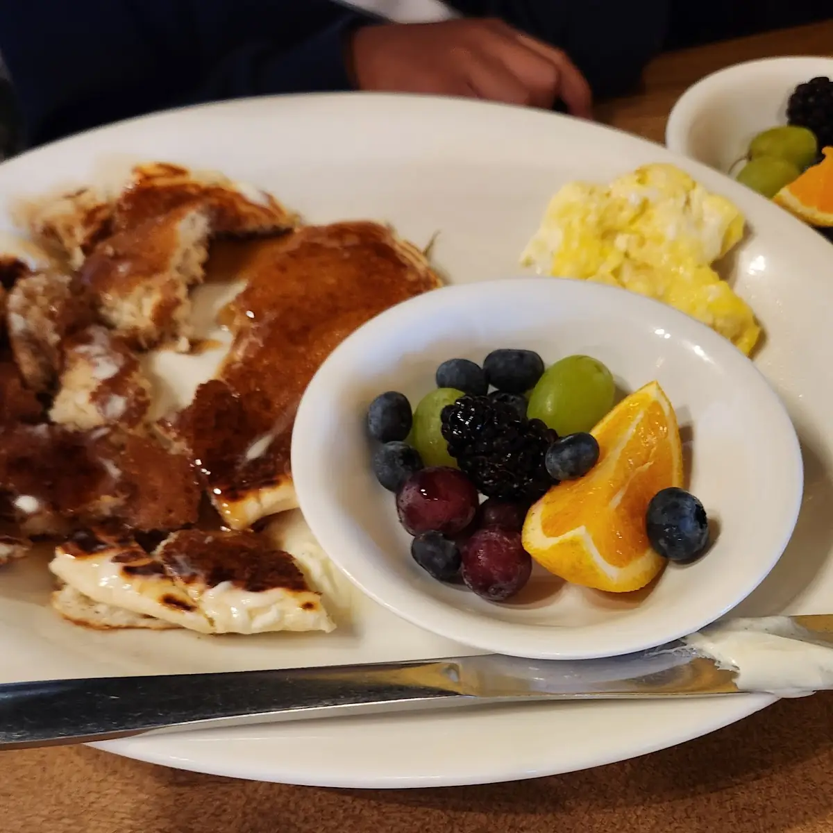Eggs Pancakes and Fruit Cup