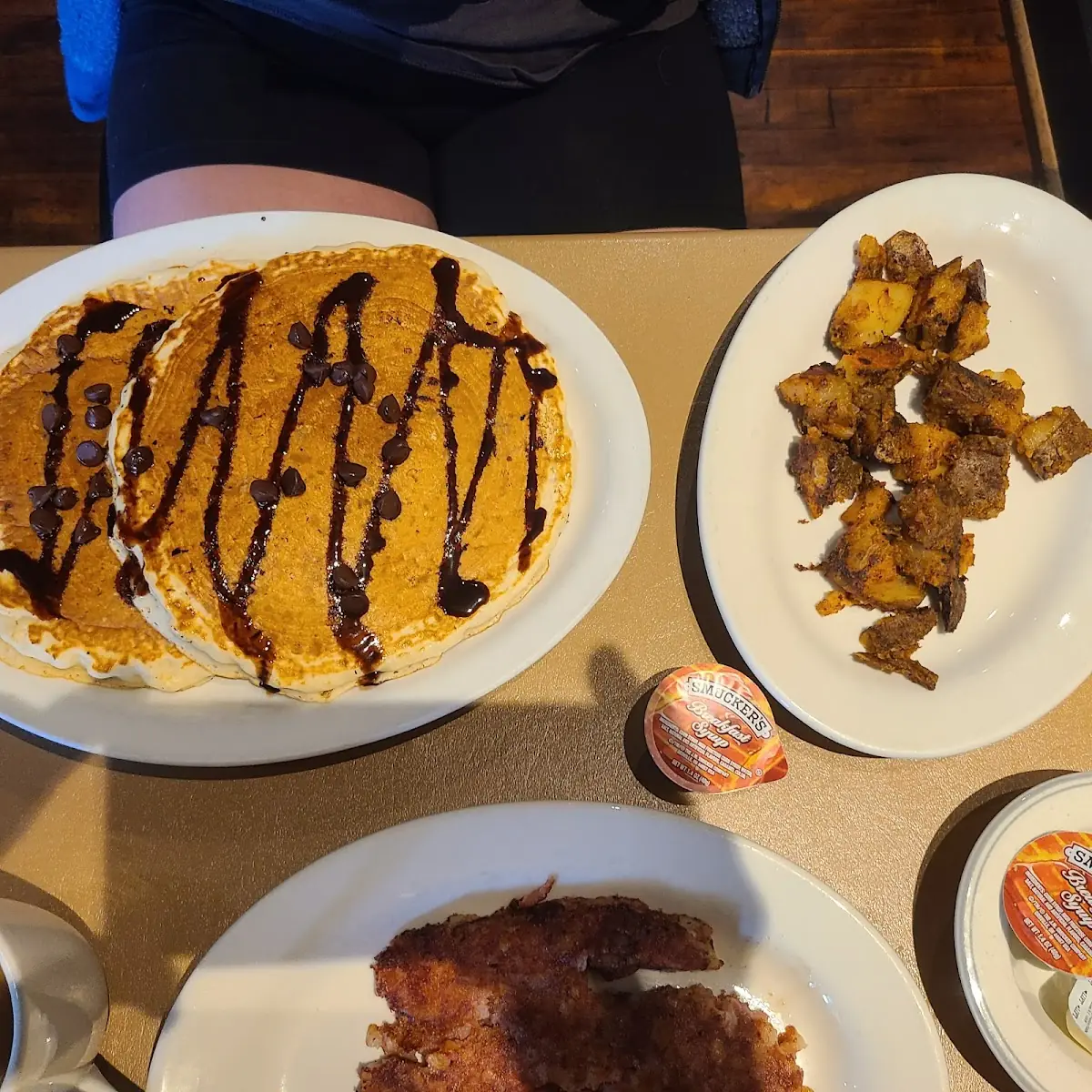 Chocolate Chip Pancakes with Home Fries
