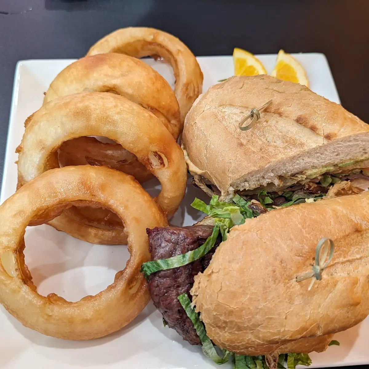 Steak Sandwich and Onion Rings