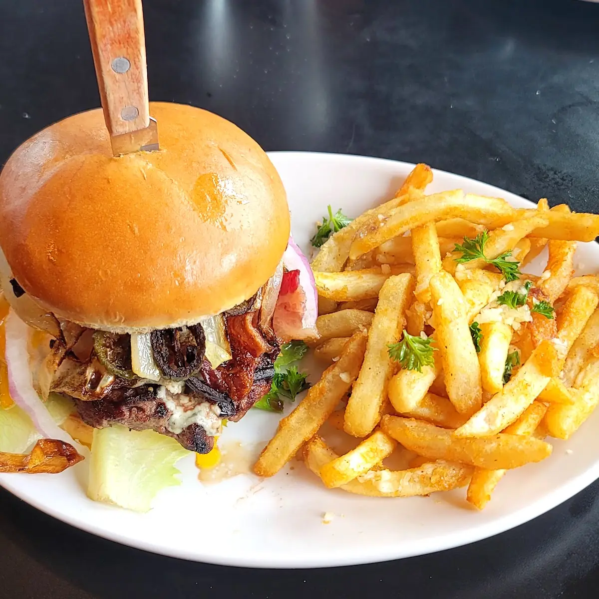 Bison Burger and Garlic Fries