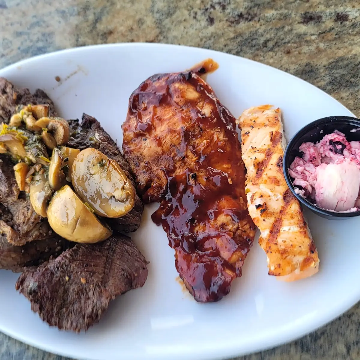 Bison Steak BBQ Chicken and Salmon