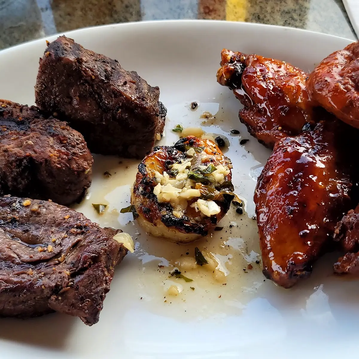 Bison Steak Shrimp Scampi Chicken Wings