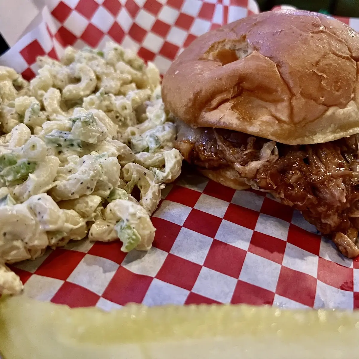 BBQ Pork Sammie and Mac Salad