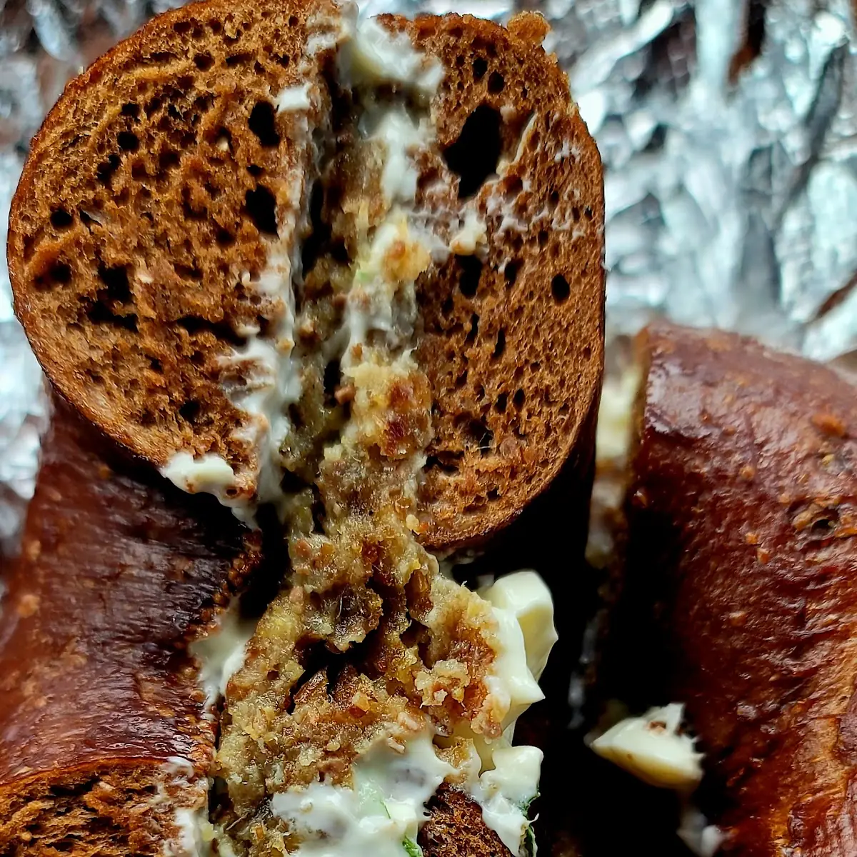 Scrapple with Cream Cheese Bagel