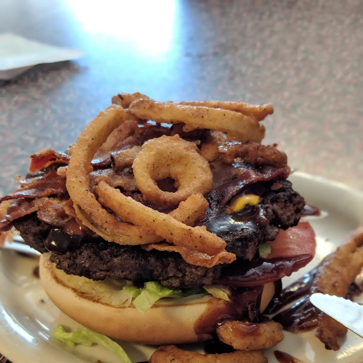 Fried Onions Hickory Open Faced Burger
