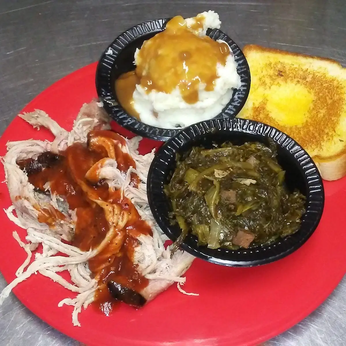 Pork Plate with Mashed Potatoes and Turnip Greens