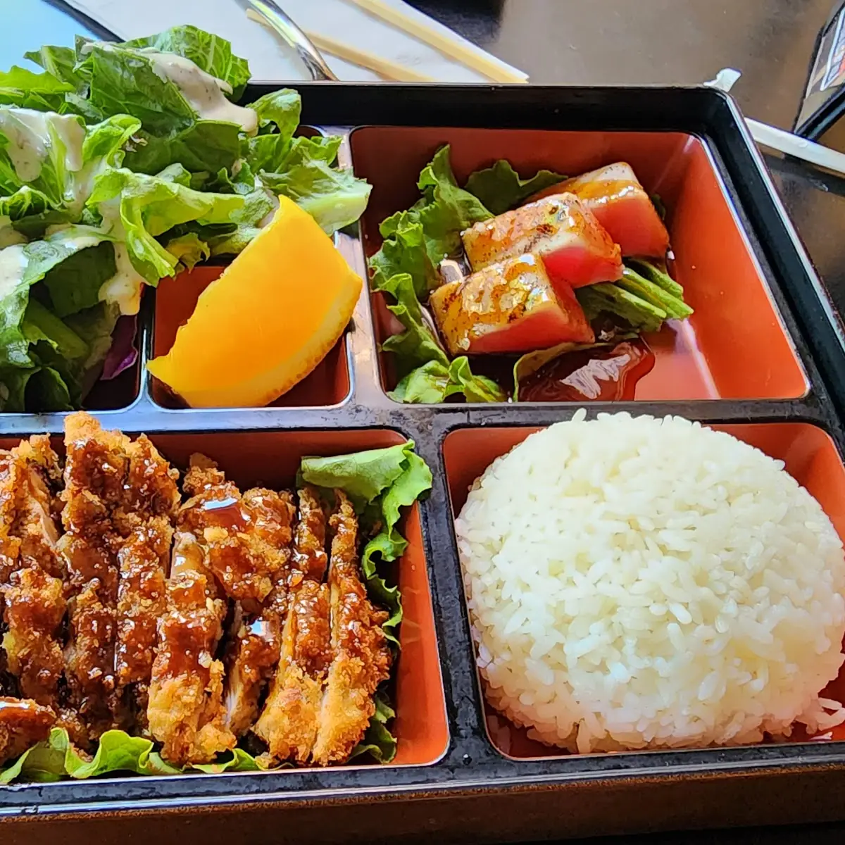 Box Lunch with Chicken Katsu and Salmon Sashimi