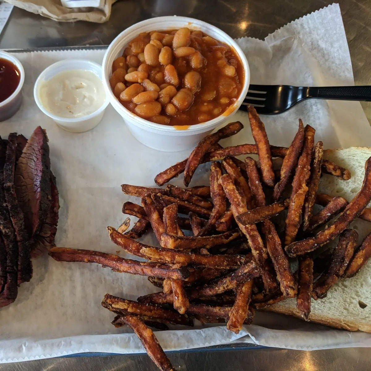Brisket Plate Sweet Potato Fries Baked Beans
