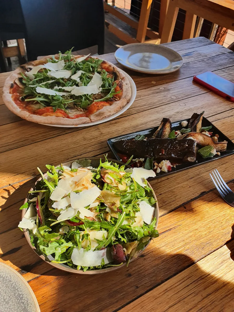 Rocket & Parmesan Salad Eggplant and Capricciosa, Volpino Pizzeria and Wine Bar