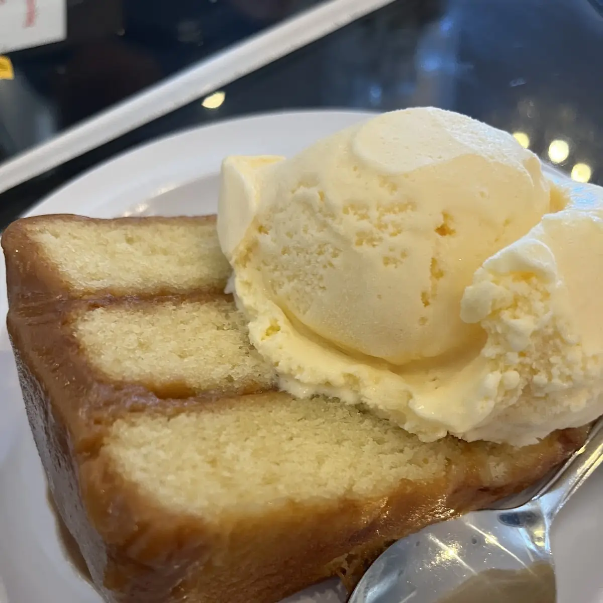 Caramel Cake with Vanilla Ice Cream