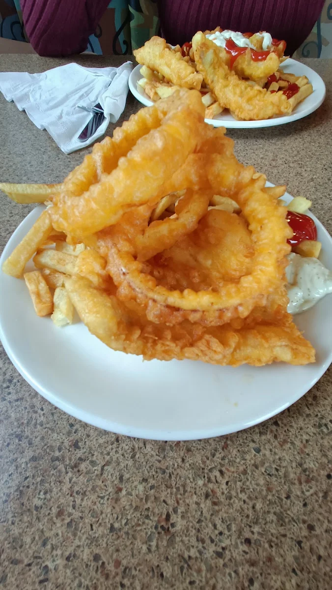 Halibut Dinner with Onion Rings, C-Lovers Fish & Chips