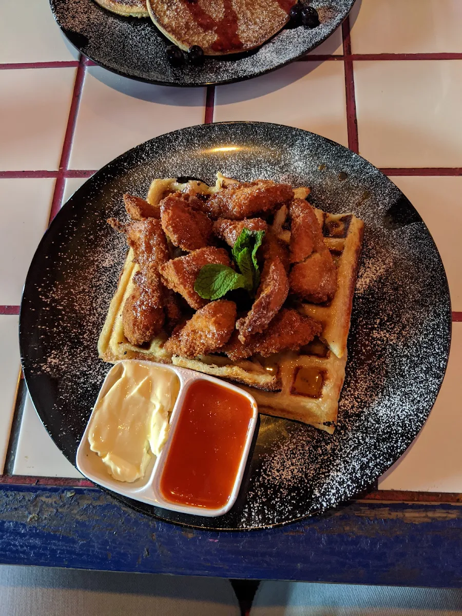 Chicken and Waffles with Smoked Butter and Maple Vegan Option, Evies Disco Diner
