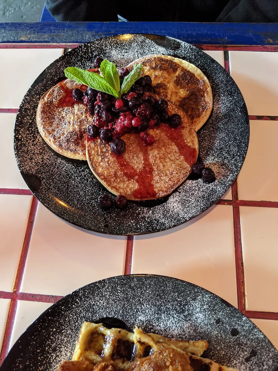 Pancakes with Fruit and Cream Vegan Option, Evies Disco Diner
