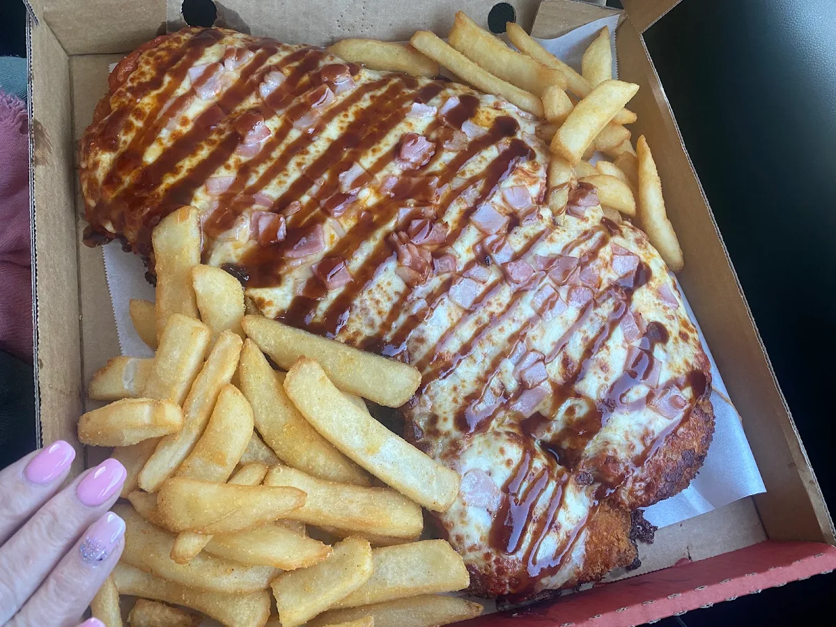 Chicken Schnitzel with Meat Lovers Topping I Think, Pizza Love You