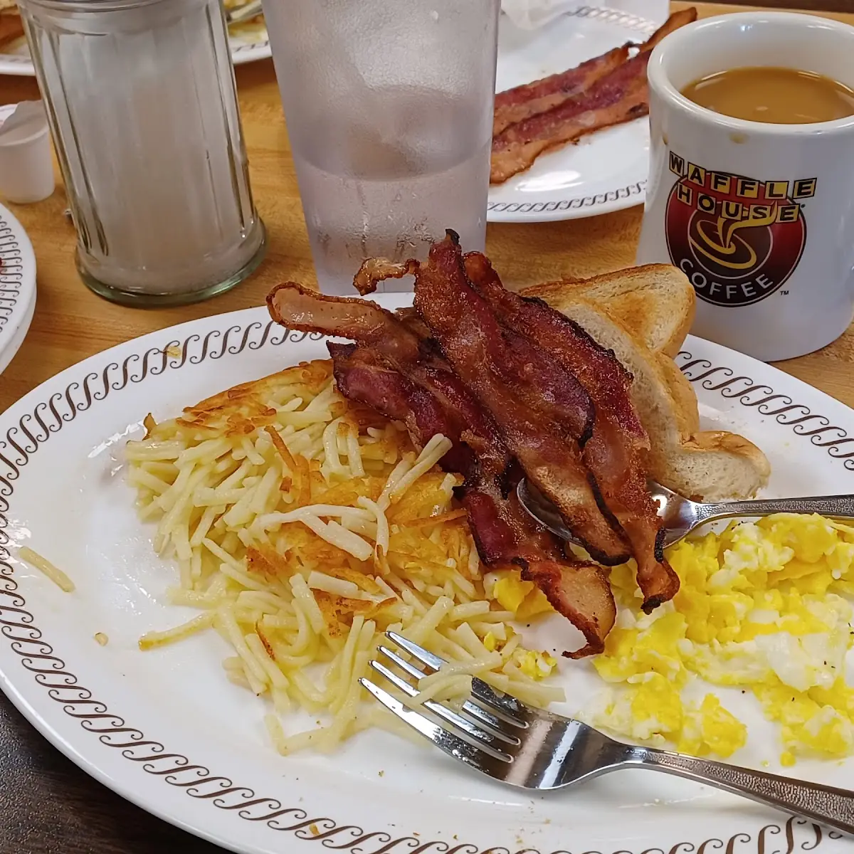 Two Eggs Hash Browns Bacon Tostadas O Waffle Coffee Americano