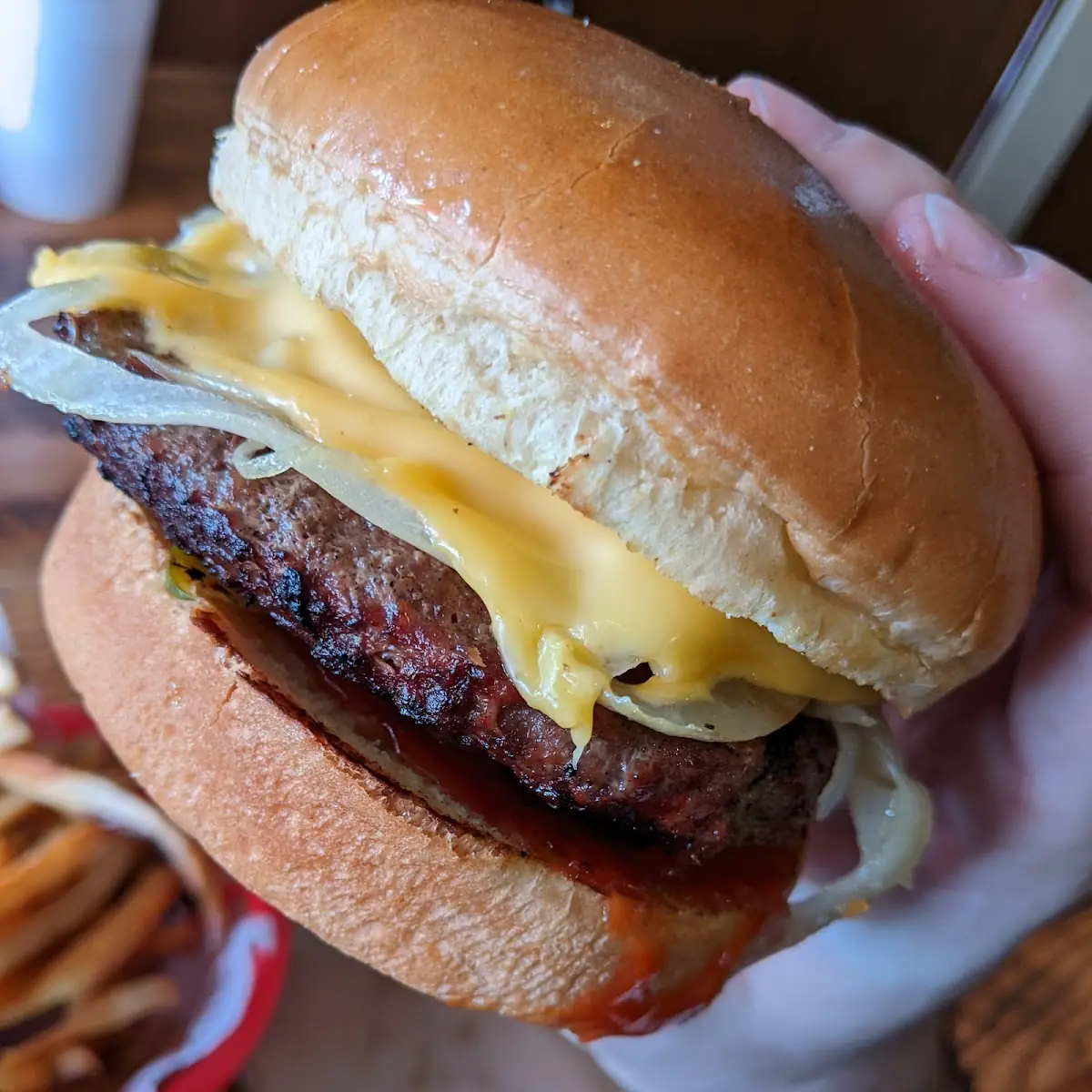 1 2 lb Char Burger American Cheese Ketchup Pickles and Fried Onions