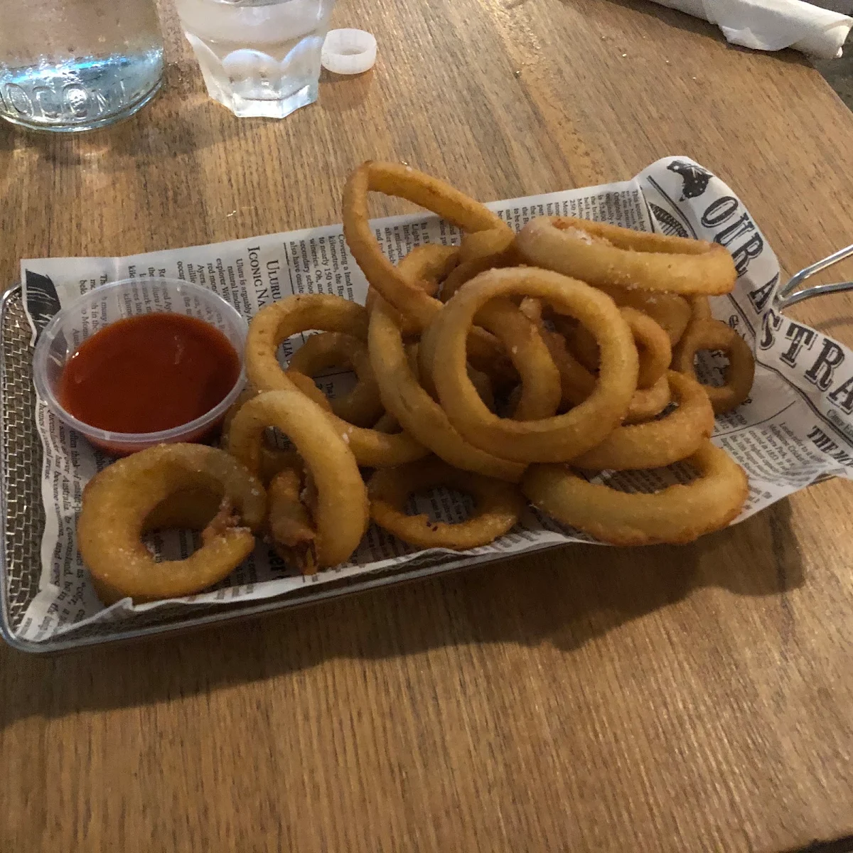 Onion Rings with Hot Sauce, Moss on Wood