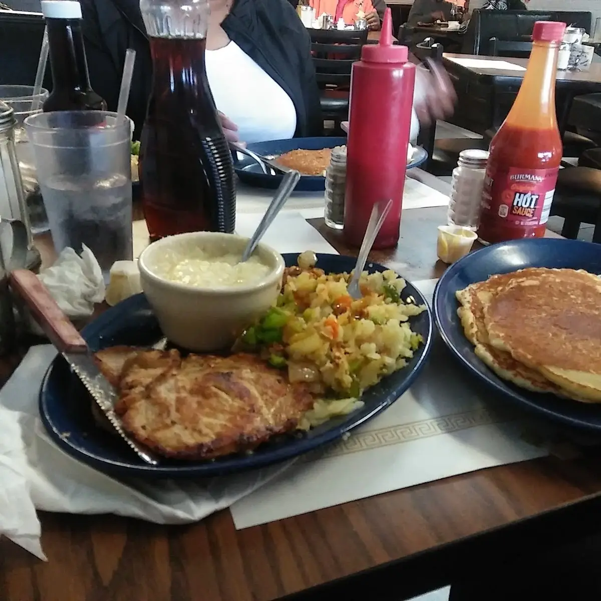 Fried Pork Chops Pancakes Grits Hash Brown