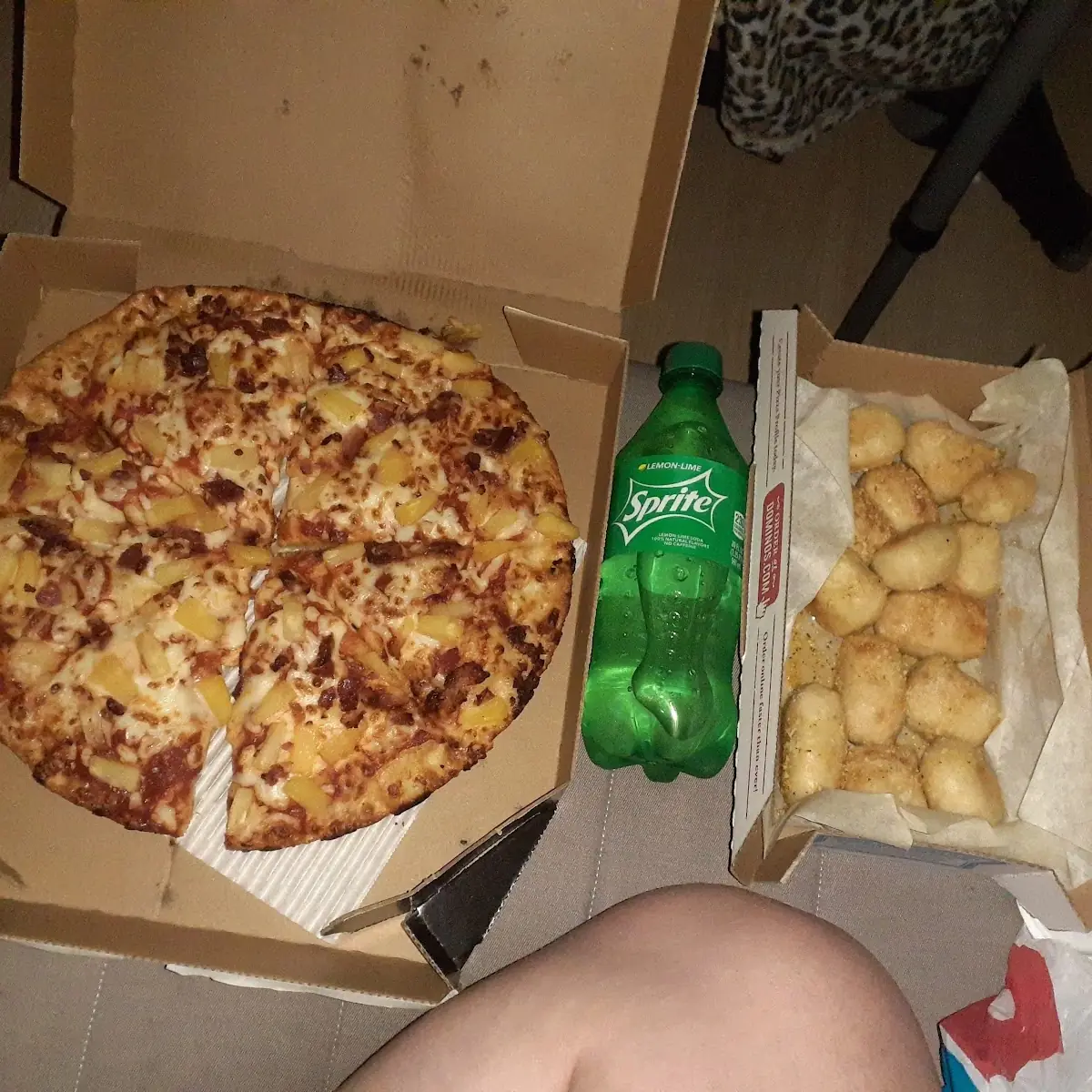 Dominos Pan Pizza Pineapple and Bacon with Garlic Bites