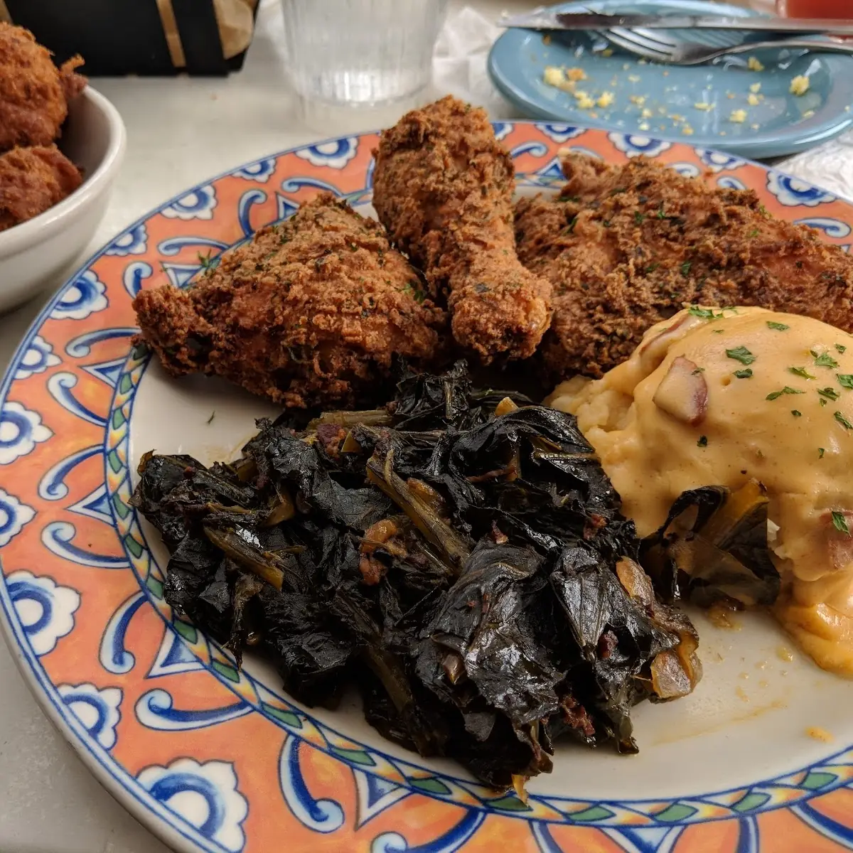 Southern Fried Chicken Dinner with Collards and Cheddar Mashed Potatoes