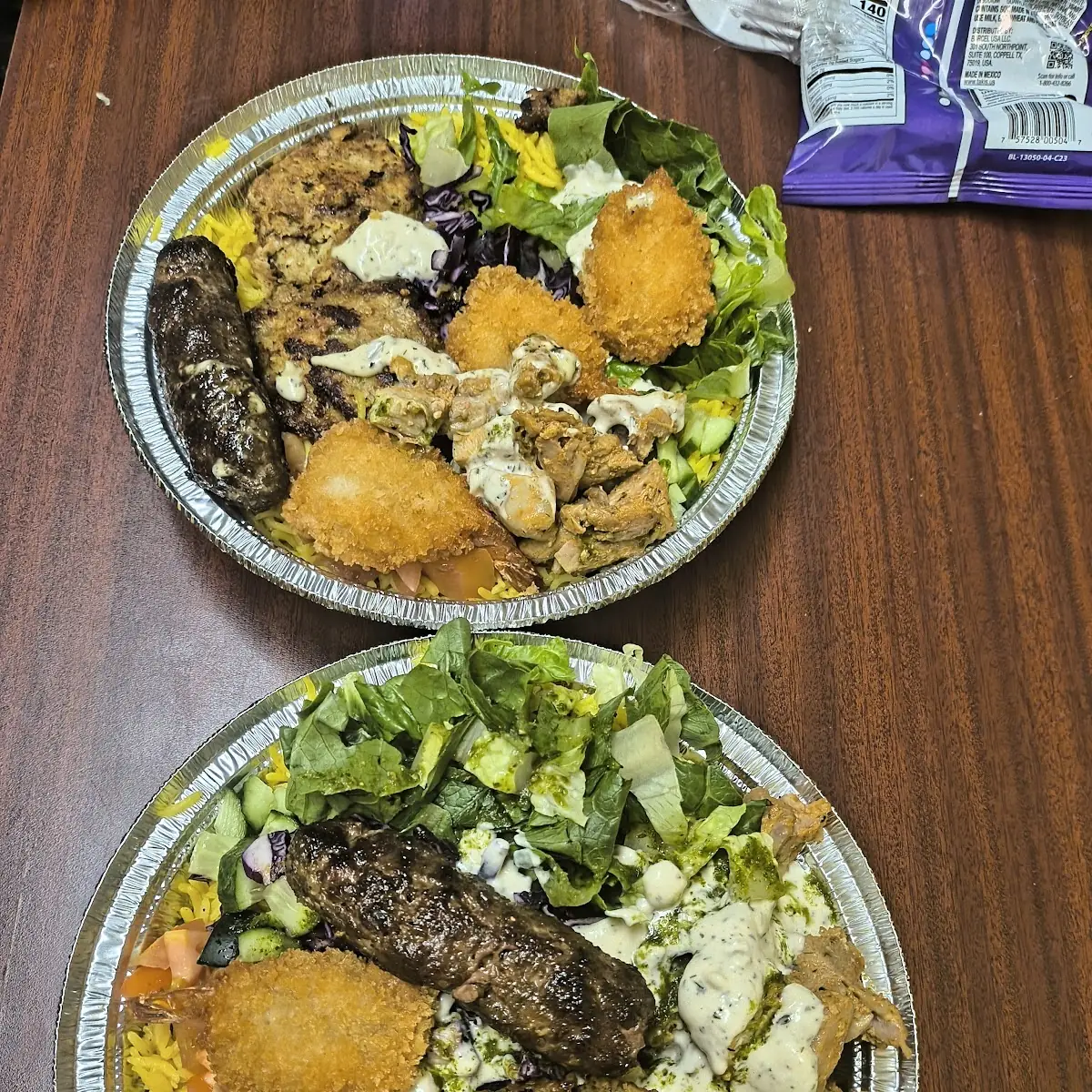 Chicken and Shrimp Kabab over Rice with Salad
