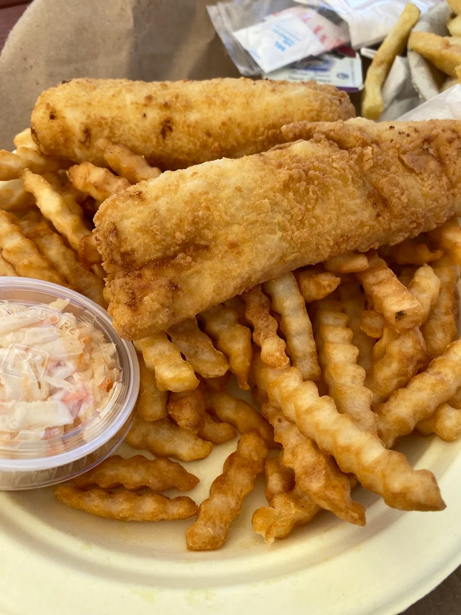 Fish and Chips at Bottom and Scallops on the Top of Photograph