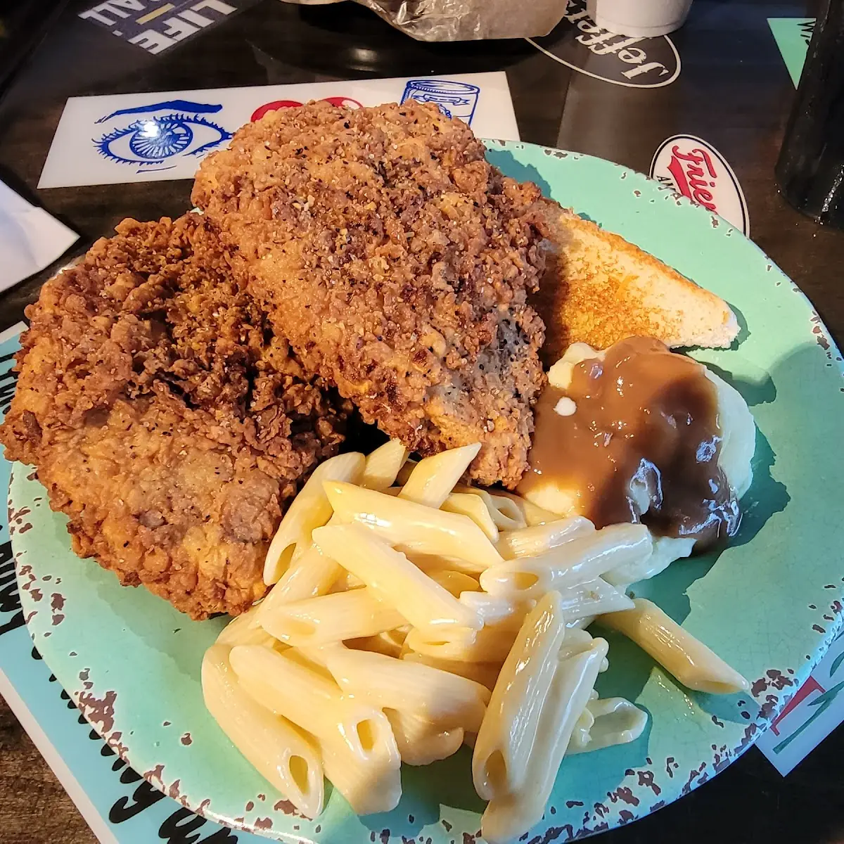 Fried Pork Chips w Mac N Cheese and Mashed Potatoes