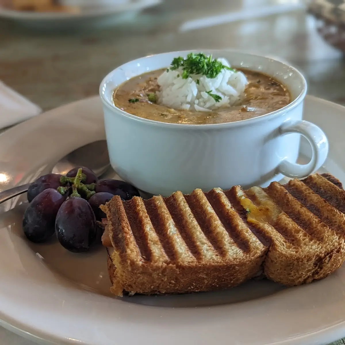 Crawfish Corn Bisque and Turkey Bacon Panini