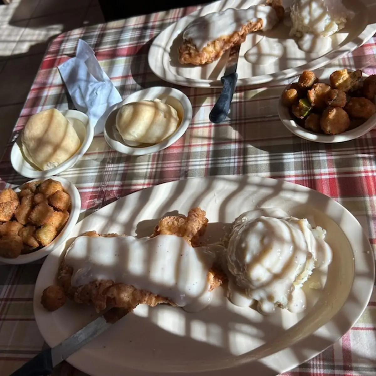 Chicken Fried Chicken Okra Mashed Potatoes and a Roll