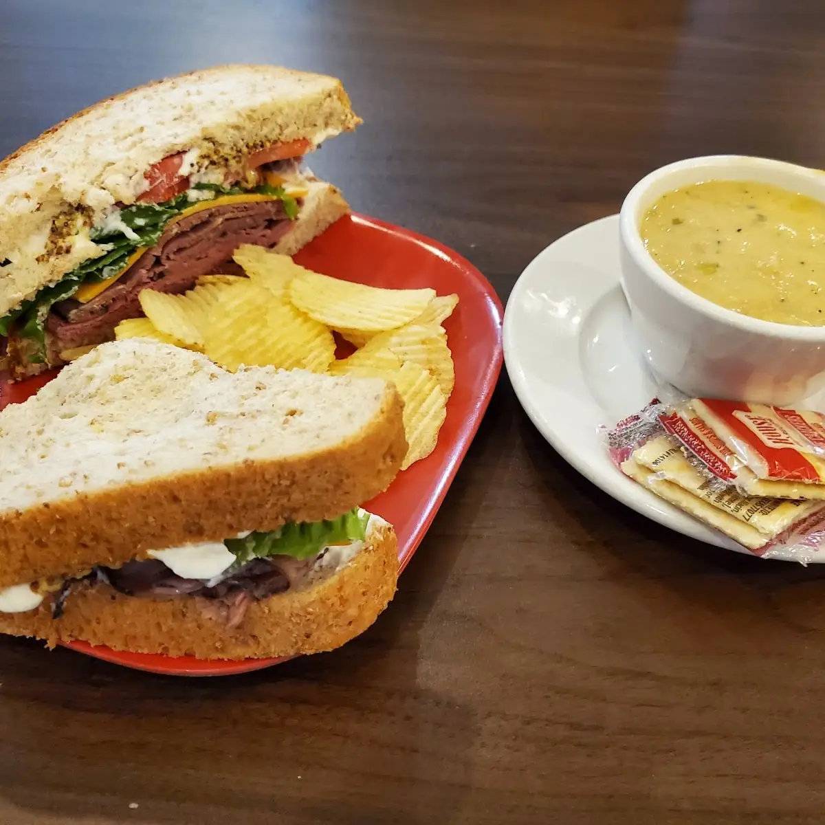 Roast Beef Sandwich Kickn Crab Corn Soup