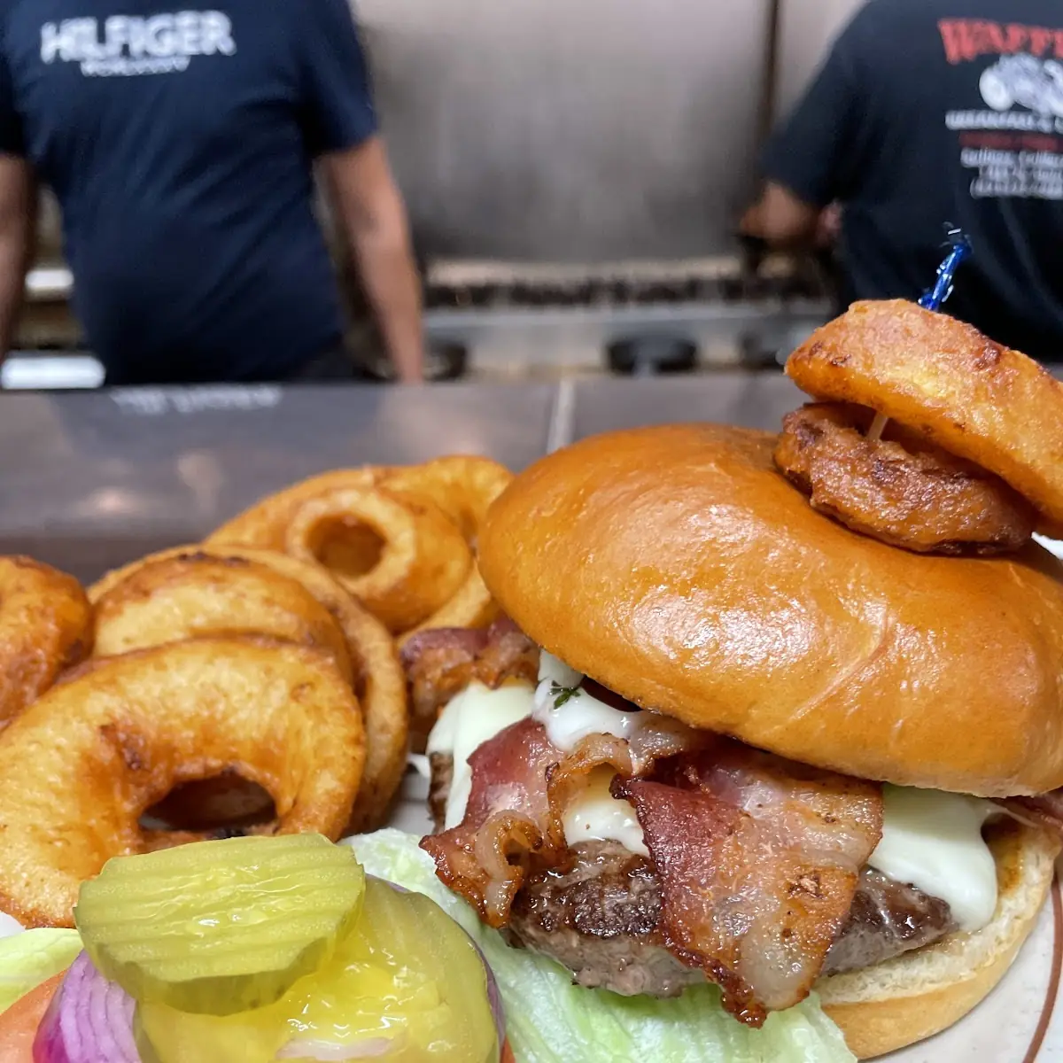 Bacon Cheeseburger and Onion Rings