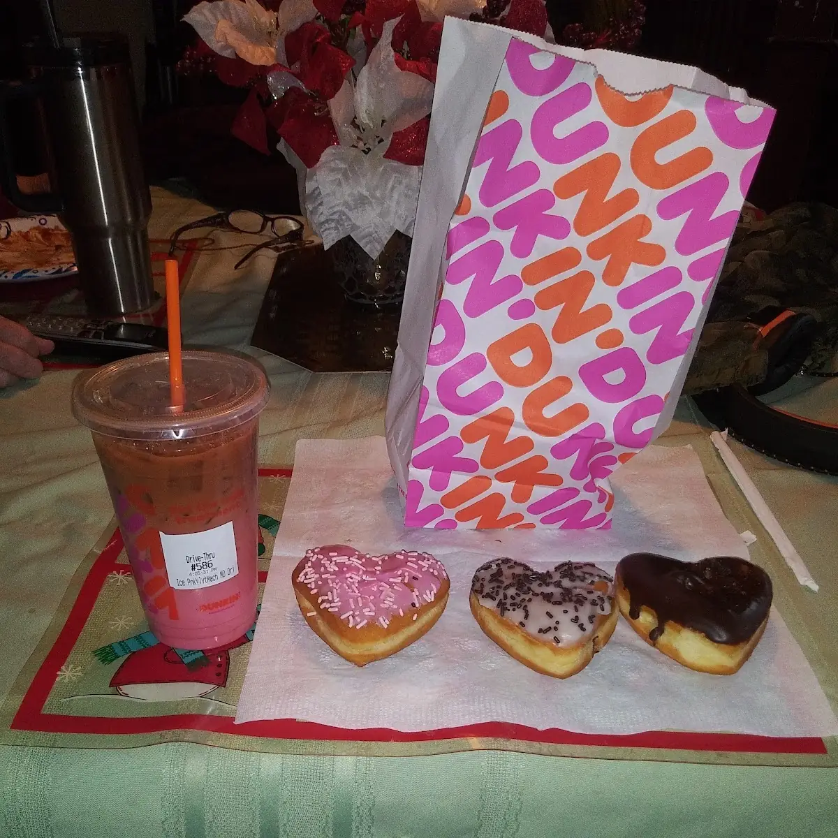 Pink Velvet Machiato Cupid's Choice Donut Brownie Batter Donut and Boston Cream Donut