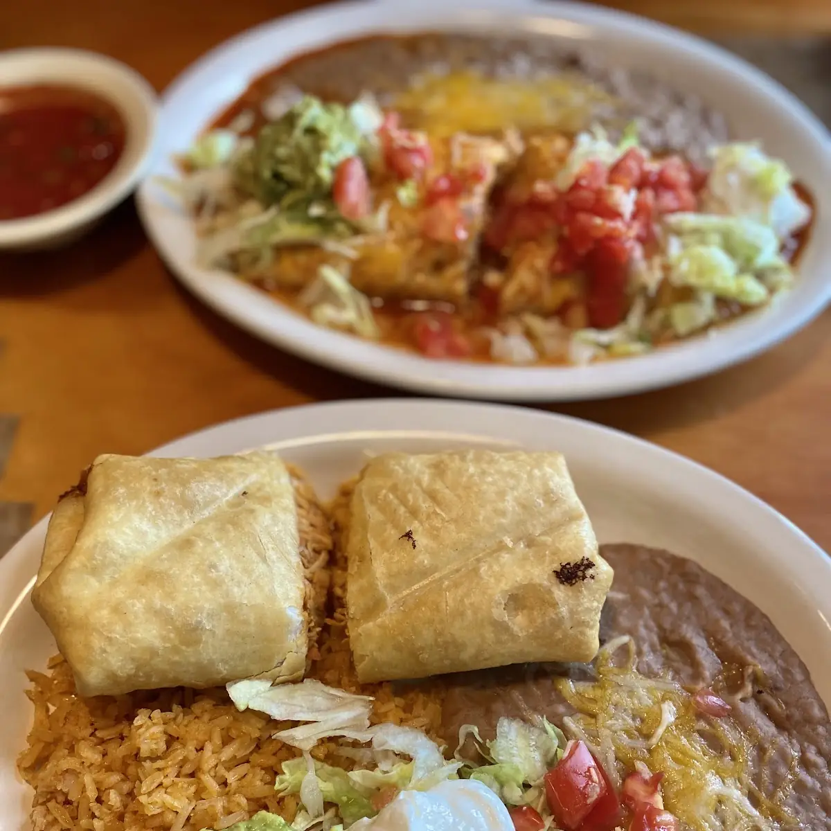Chiken Enchiladas Verde and Roja with Rice and Beans