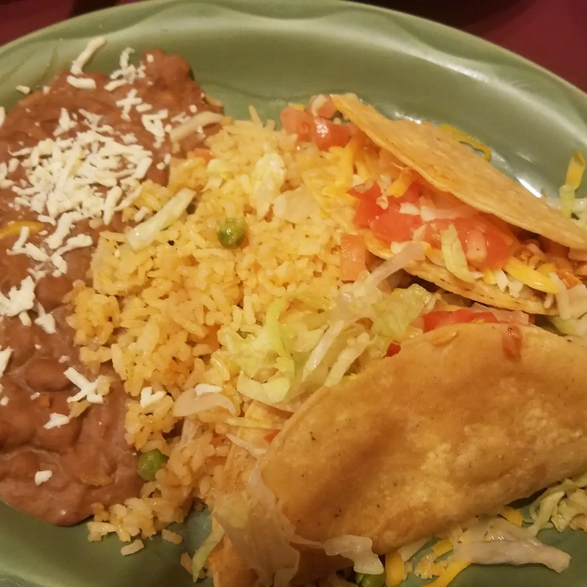 Two Chicken Tacos with Rice and Beans