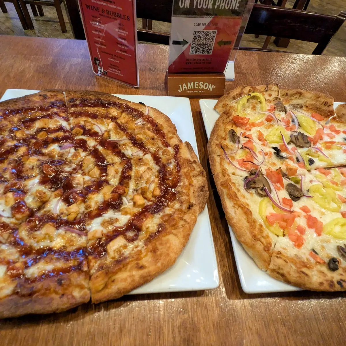 BBQ Chicken Pizza and Vegetarian Delight Pizza