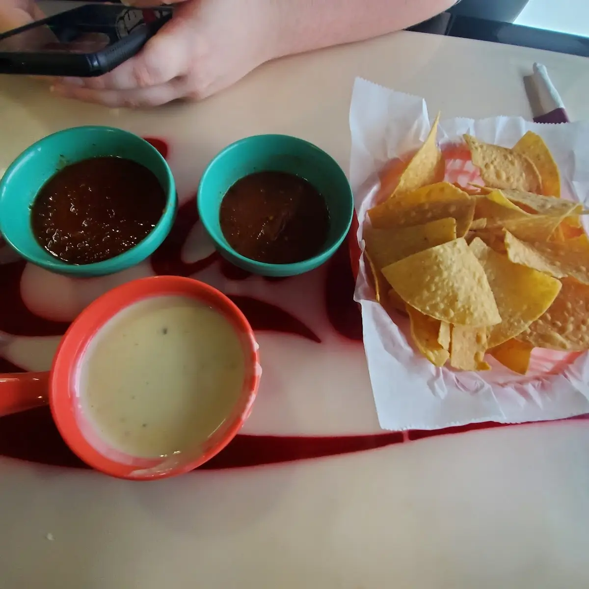 Chips and Salsa and Queso Dip