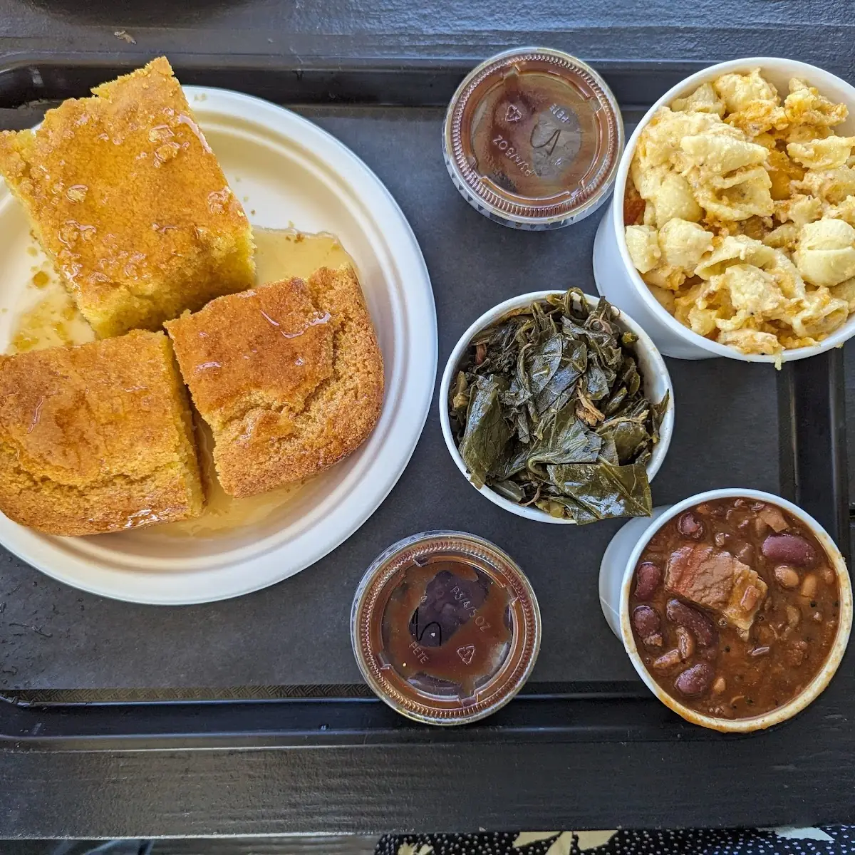Corn Bread Pit Beans Mac and Cheese Collard Greens