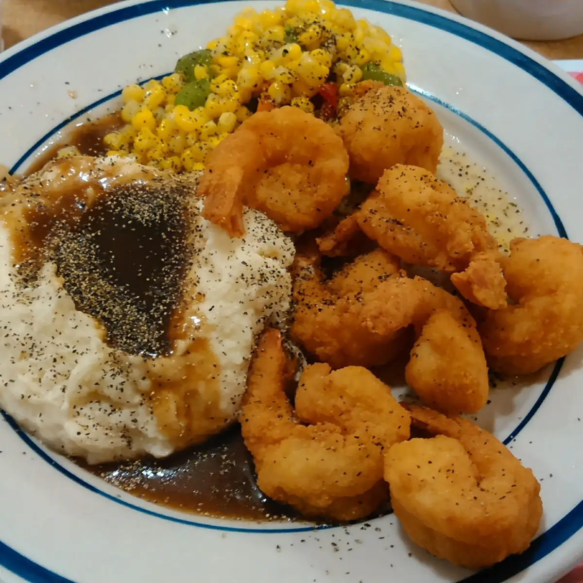 Fried Shrimp Corn and Mashed Potatoes