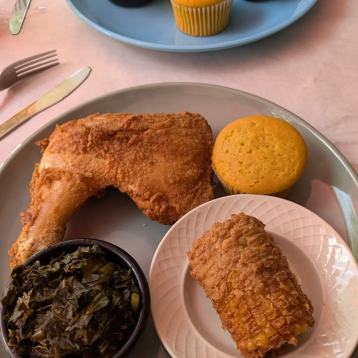 Fried Chicken Collard Greens and Fried Corn