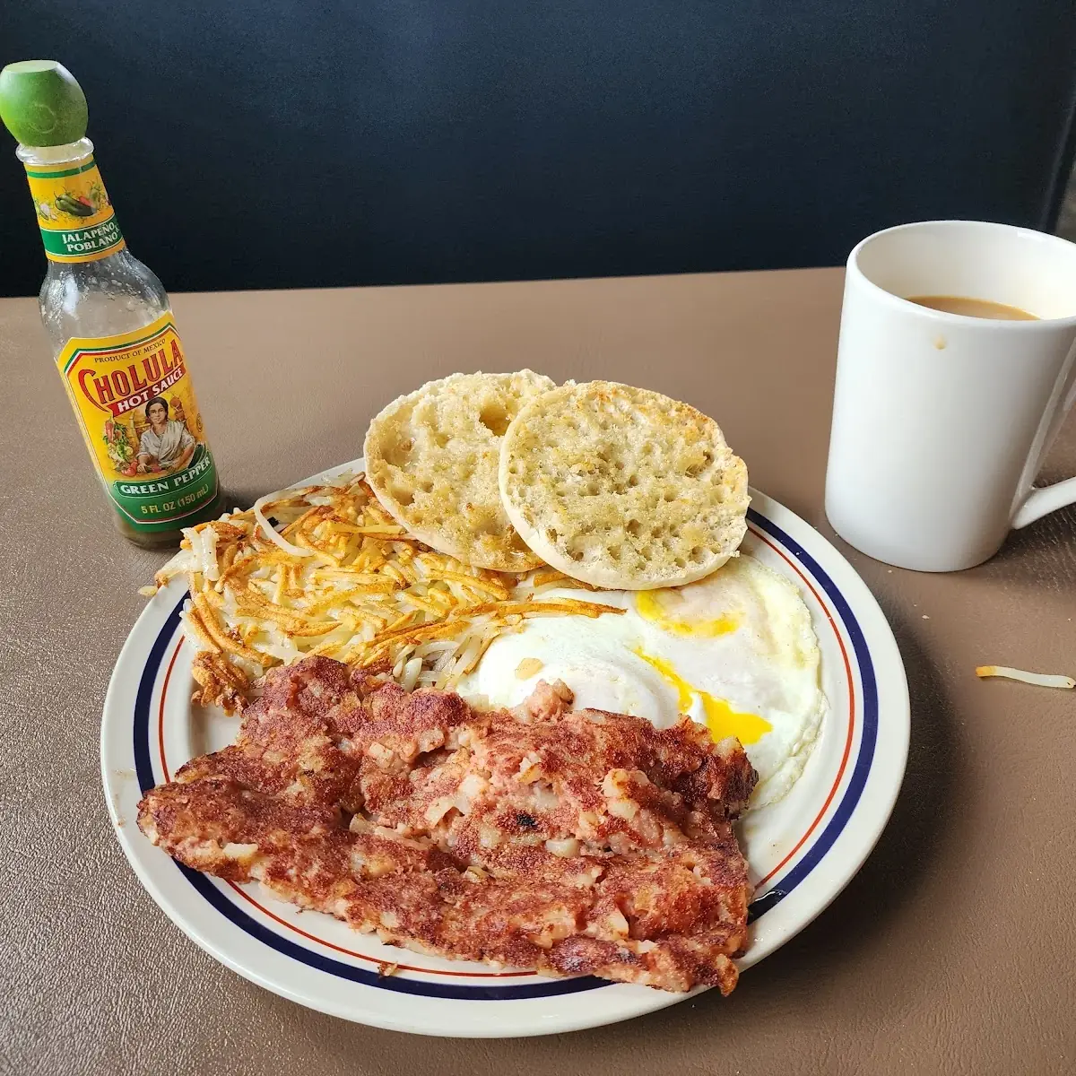 Corned Beef Hash and Eggs with English Muffin