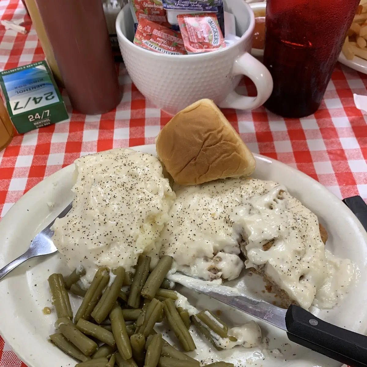 Country Fried Steak Taters and Green Beans with Dinner Roll