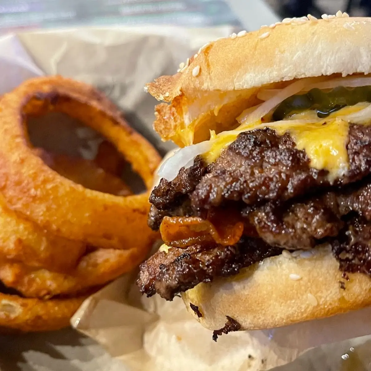 Triple Smash Cheeseburger with Onion Rings