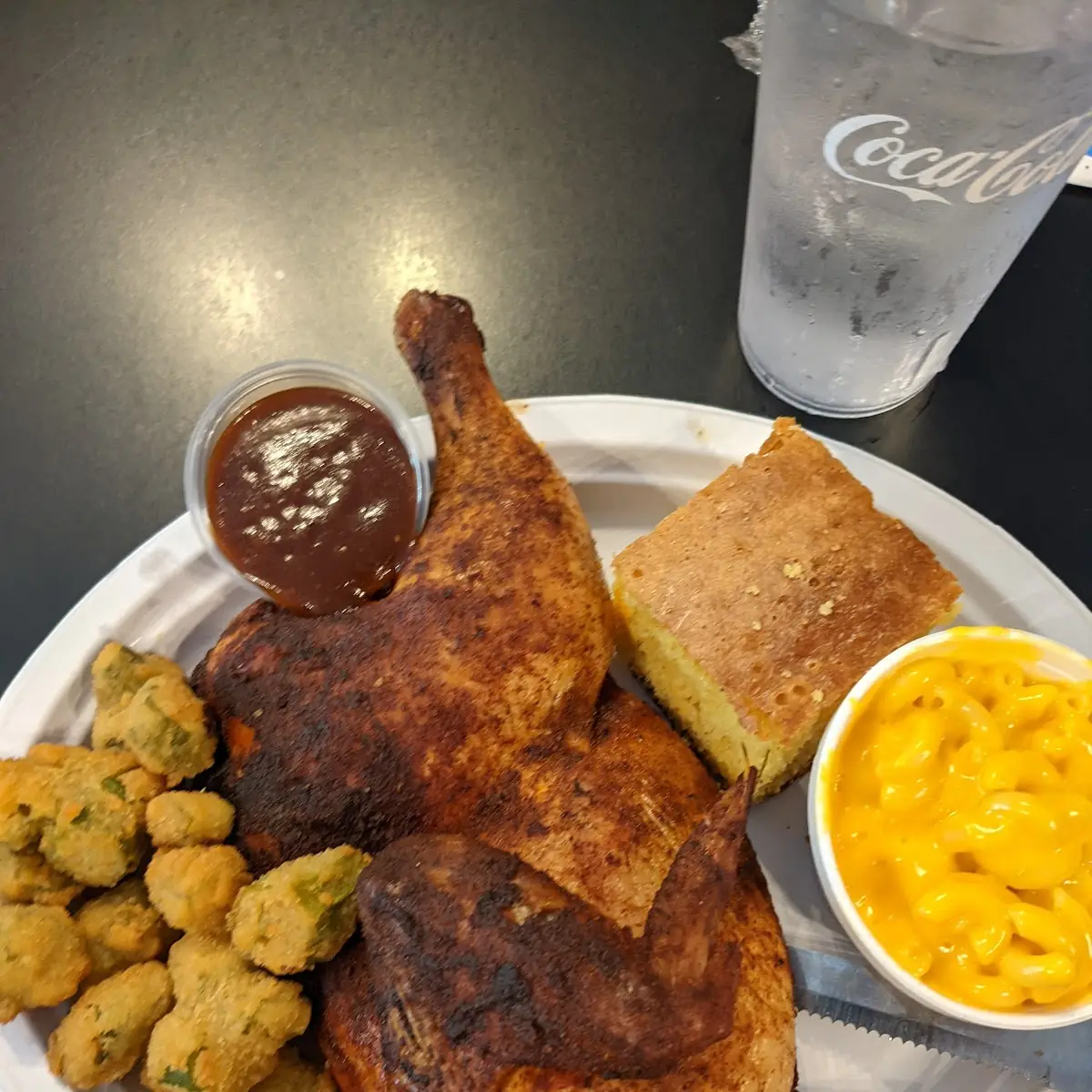 Half Smoked Chicken with Mac & Cheese & Fried Okra