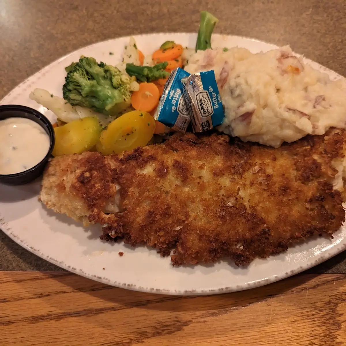 Walleye with Veggies and Garlic Mashed Potatoes