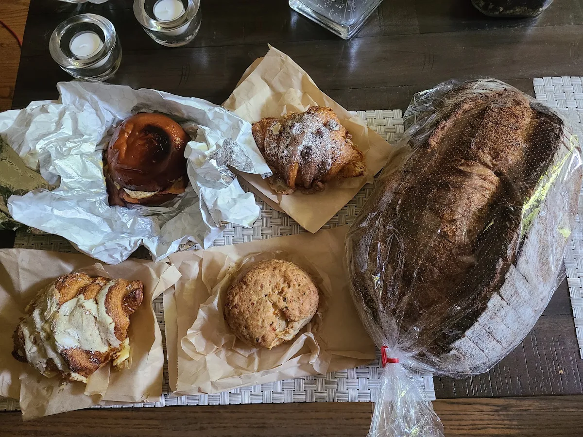Hewn Bread Breakfast Sandwich Cheddar and Chive Scone Chocolate and Almond Croissant