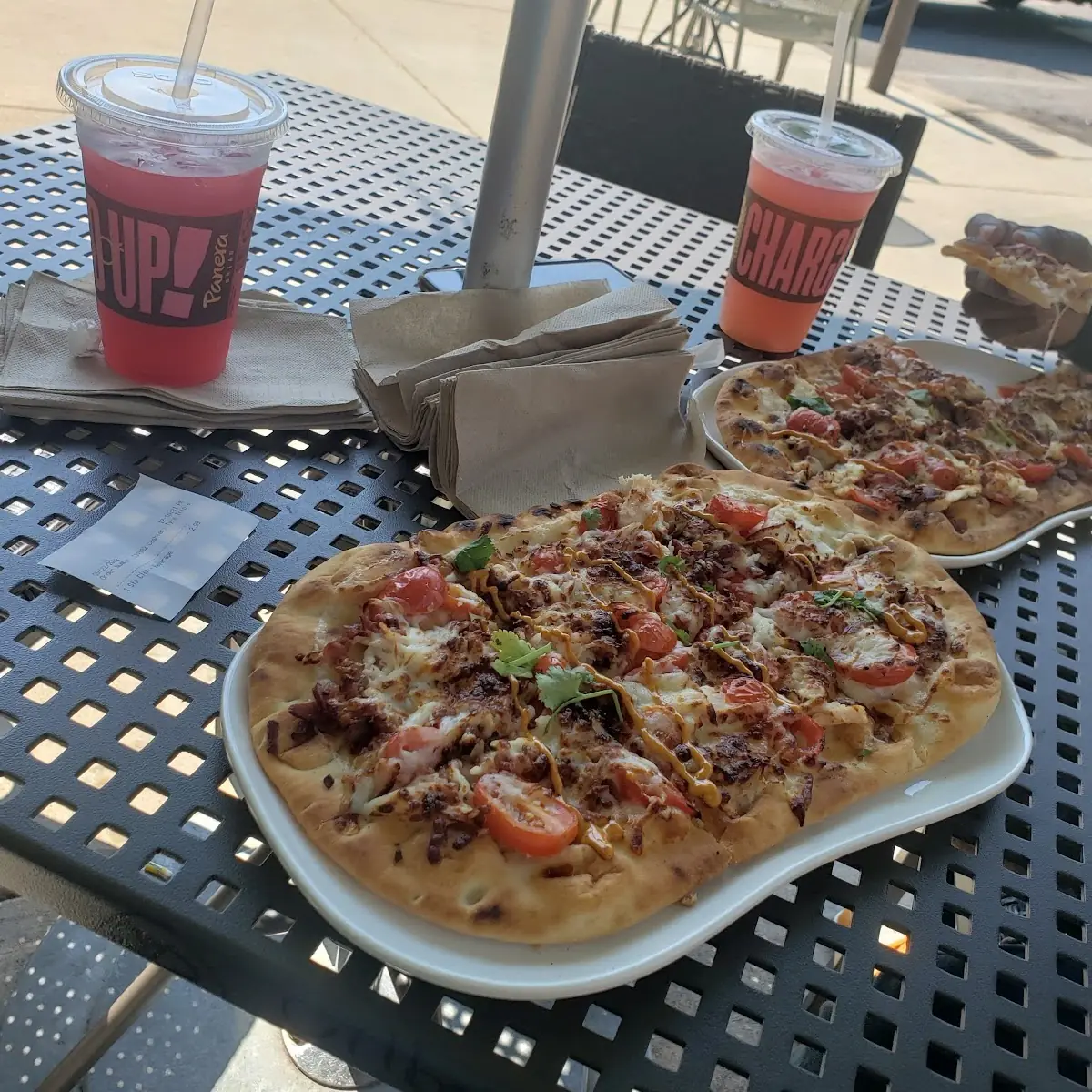 Meat Pizza and Cranberry Apple Tea Latte