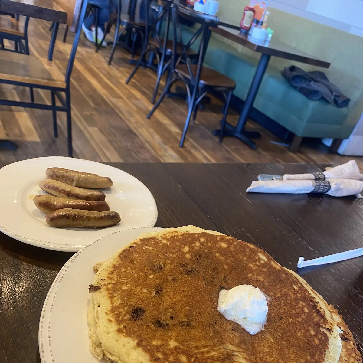 Chocolate Chip Pancakes with Turkey Sausage