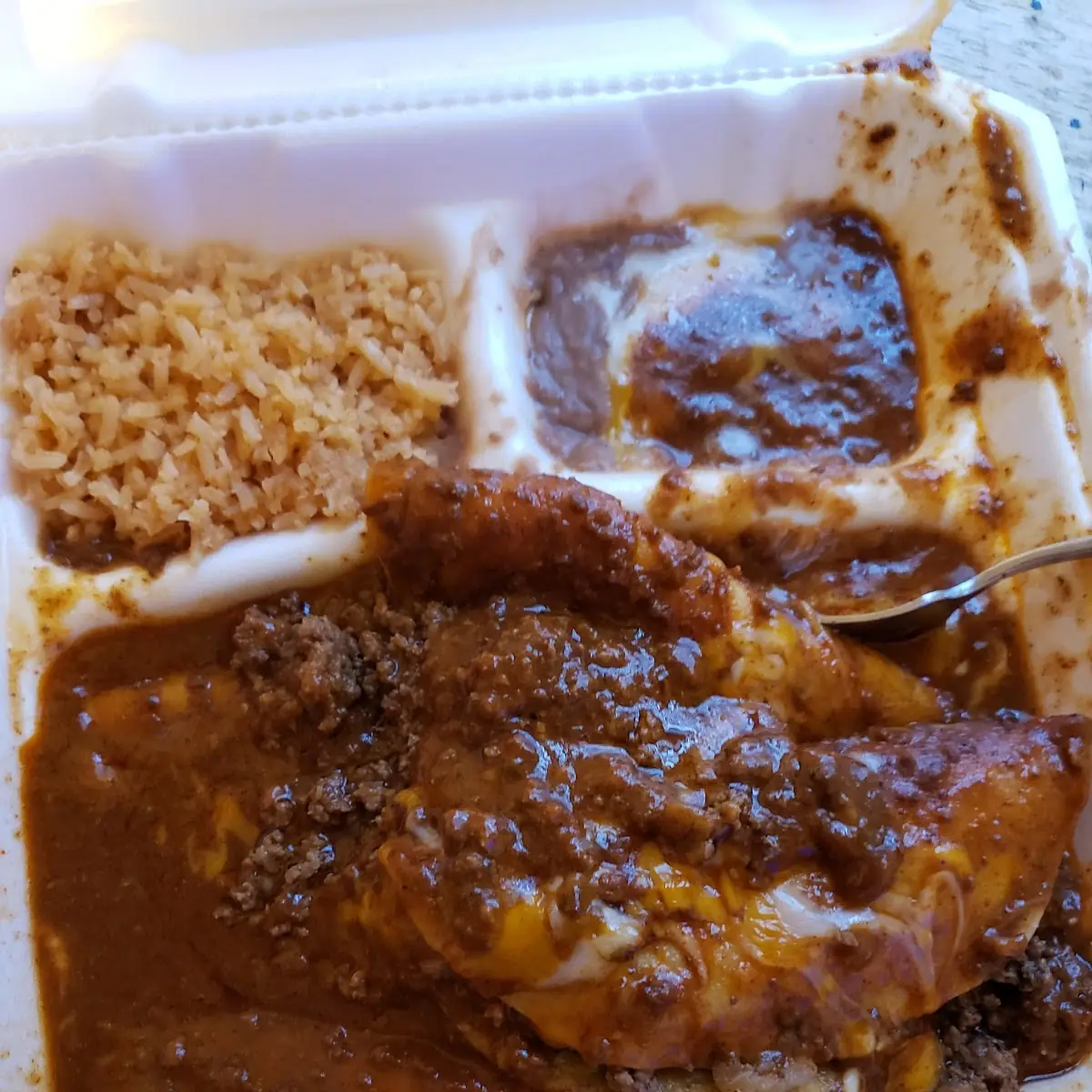 One Cheese Enchilada with Chile Con Carne Rice & Beans