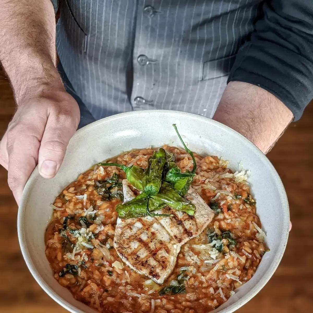 Pork Chop with Pimento Cheese Risotto